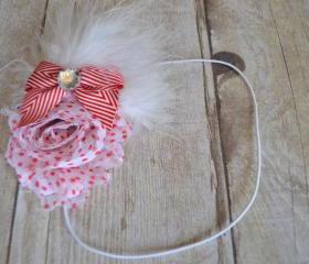 Red and White Shabby Chic Feaher Headband 