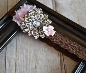 Leopard Print Shabby Chic and Lime Green Bow Headband